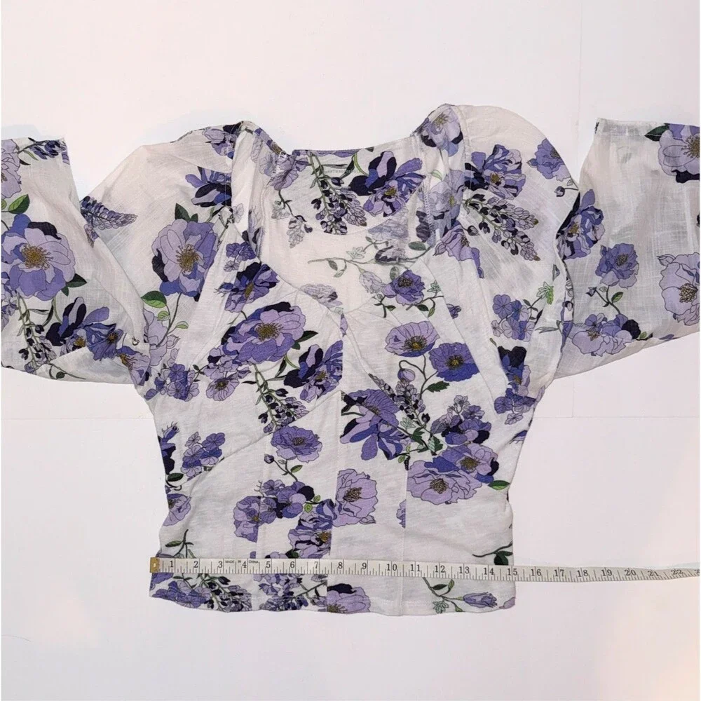 Anthropologie Purple White Floral Ruched Balloon Sleeve Top Cotton Knit Boho M